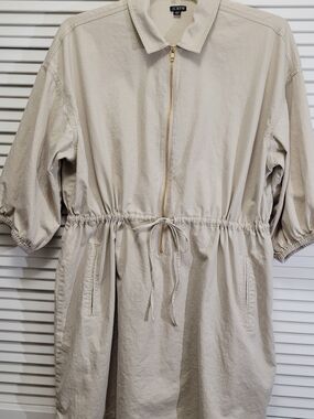 J.CREW Women L Beige Zip Front Collared Drawstring Waist 100% Cotton Dress